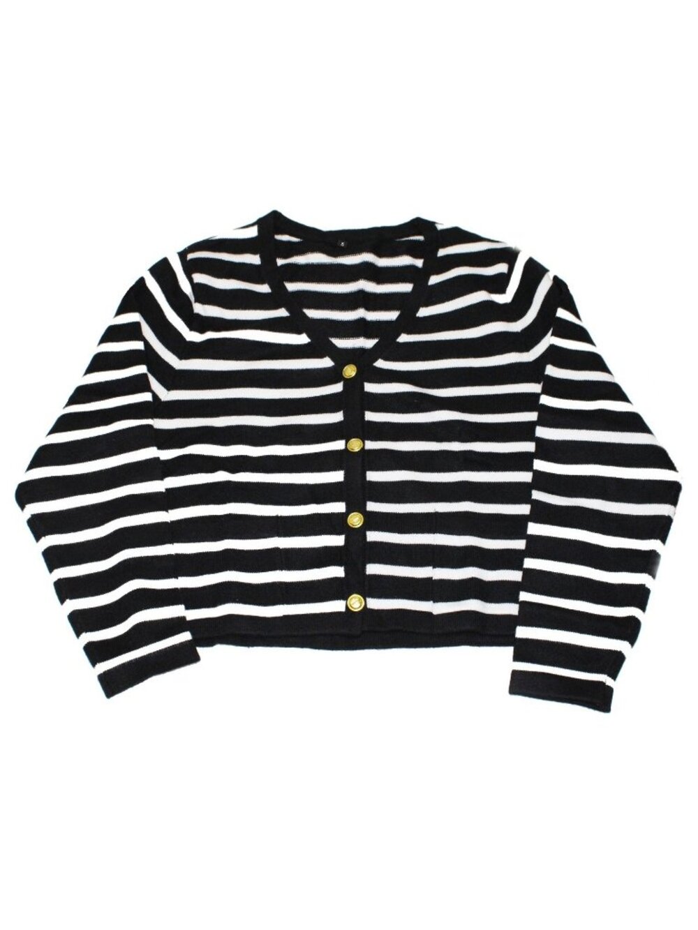 Women V Neck Cardigan Sweater Cropped Gold Buttons Black White Stripe Small